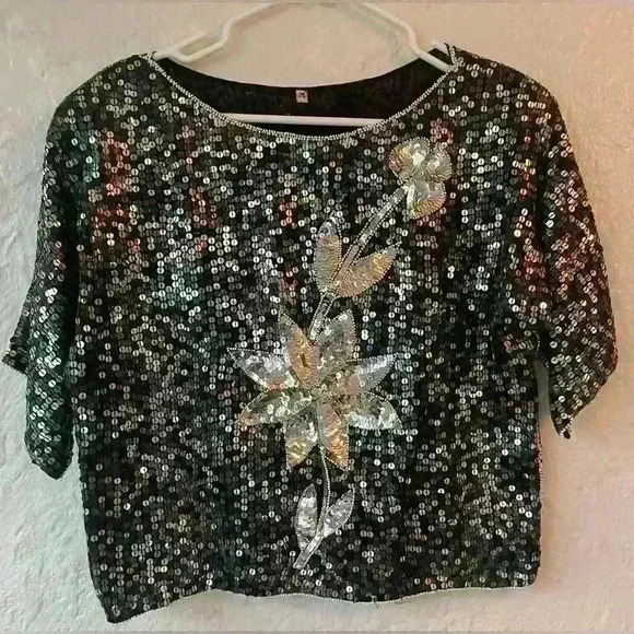 Vintage black beaded and sequined cropped top with silver flower detail; size M - Picture 1 of 6